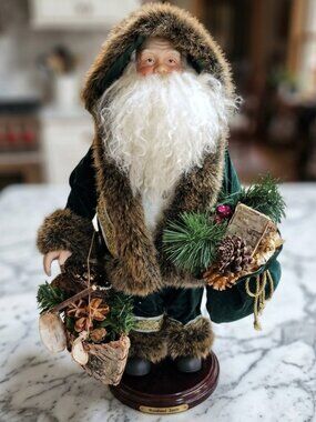 Woodland Santa Christmas Figurine Bark Canoe  Green Velvet Rustic Holiday Decor